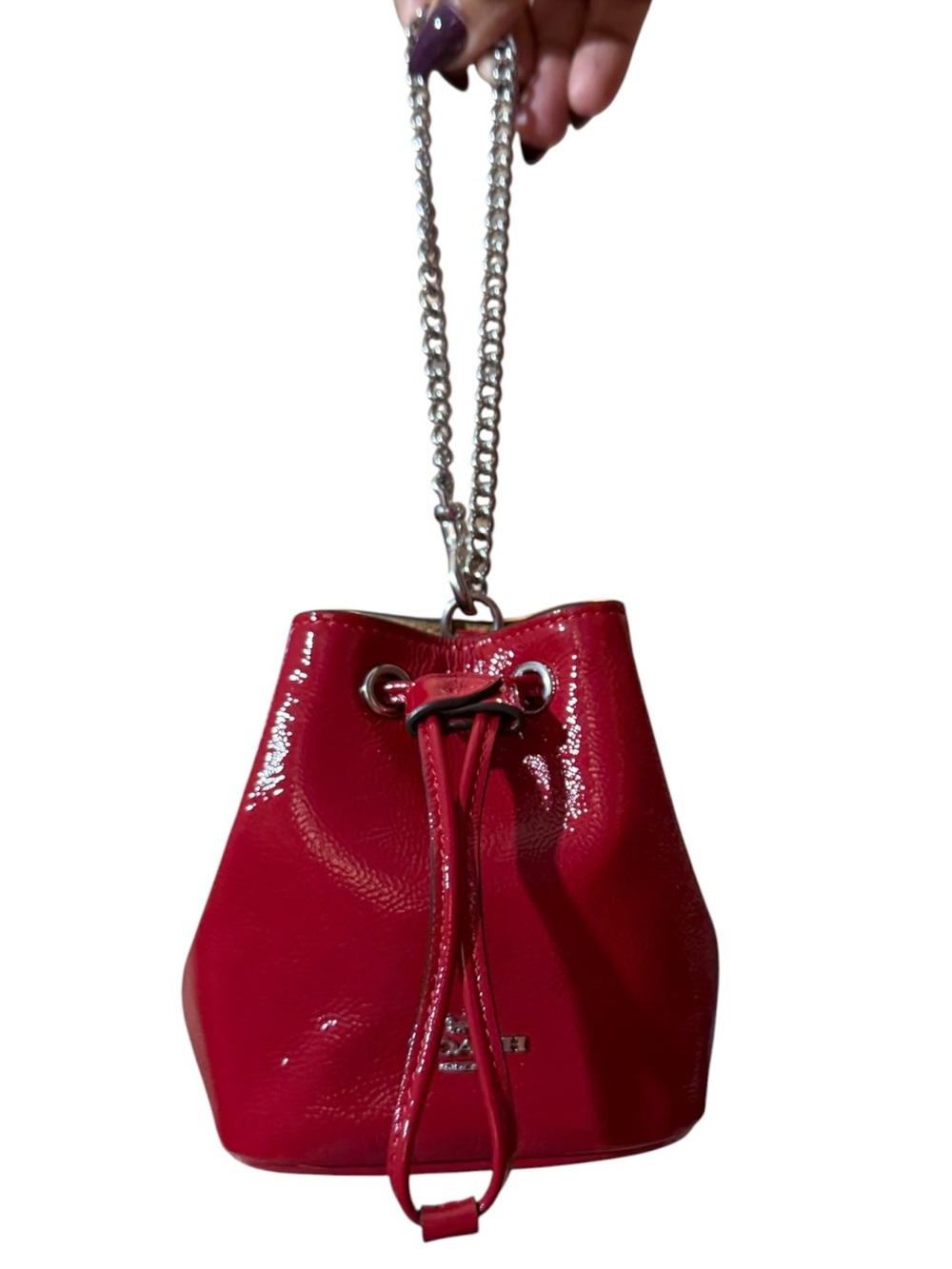 Coach Drawstring Wristlet Pouch Bag in Red Patent Leather with Silver, CZ028 - Picture 2 of 15